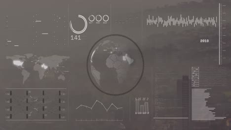 Animation-of-interface-with-data-processing-over-spinning-globe-against-aerial-view-of-cityscape