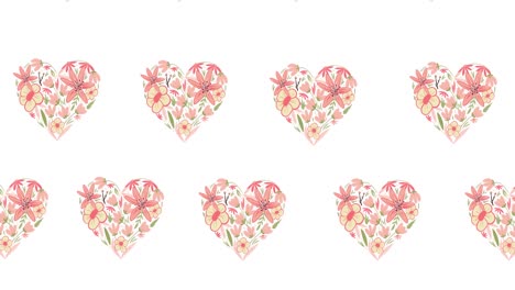 Composition-of-rows-of-hearts-with-pink-flowers-moving-on-white-background