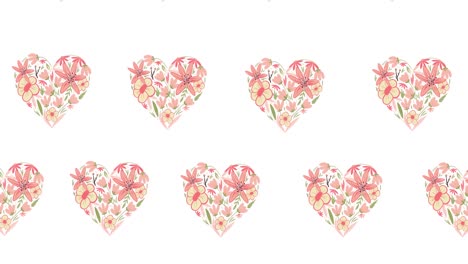 composition of rows of hearts with pink flowers moving on white background