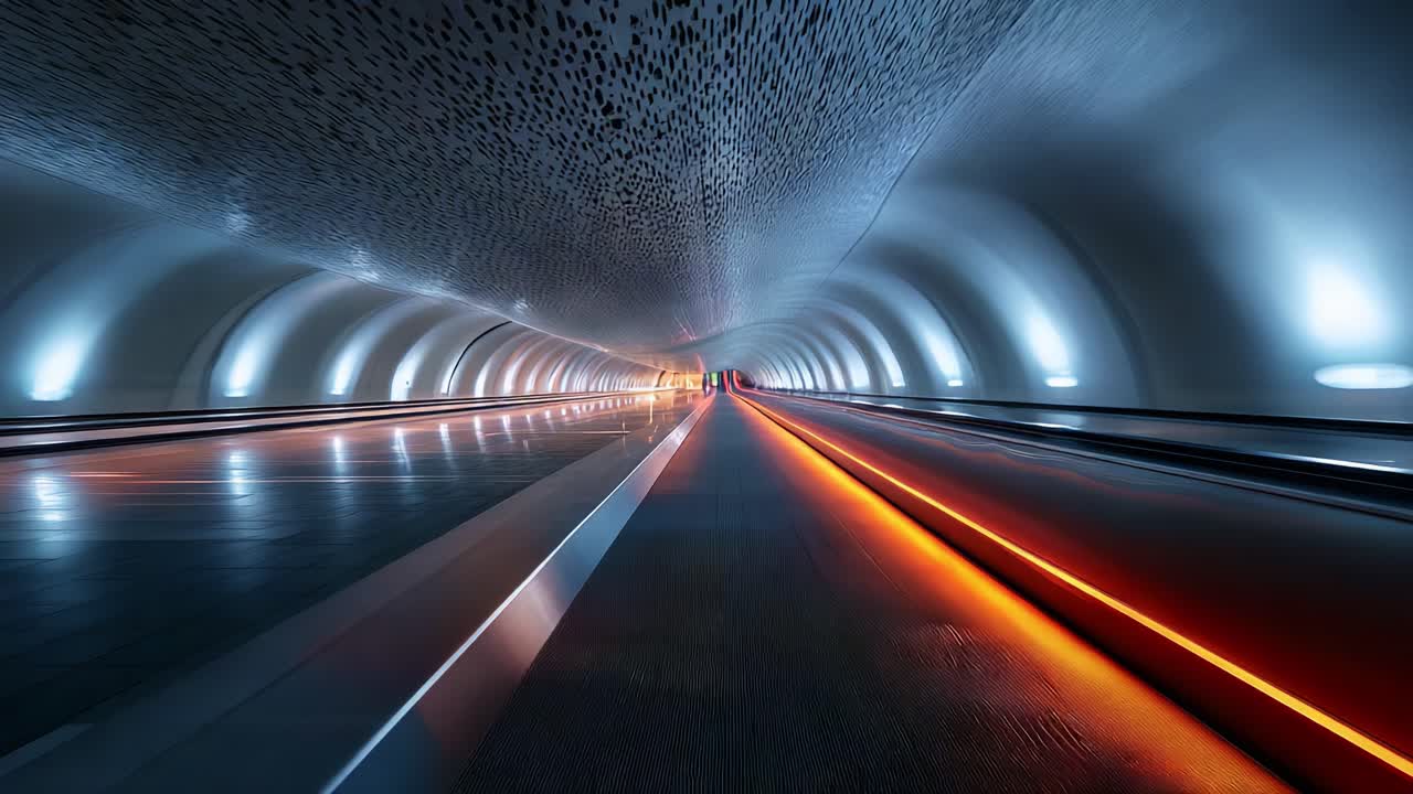 An Enigmatic Modern Passage: A Stunning Perspective of a Futuristic Tunnel with Dynamic Lighting and Sleek Architectural Design, Capturing the Essence of Urban Transit Innovation