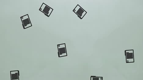 animación digital de múltiples iconos de certificados de graduación que caen contra un fondo gris