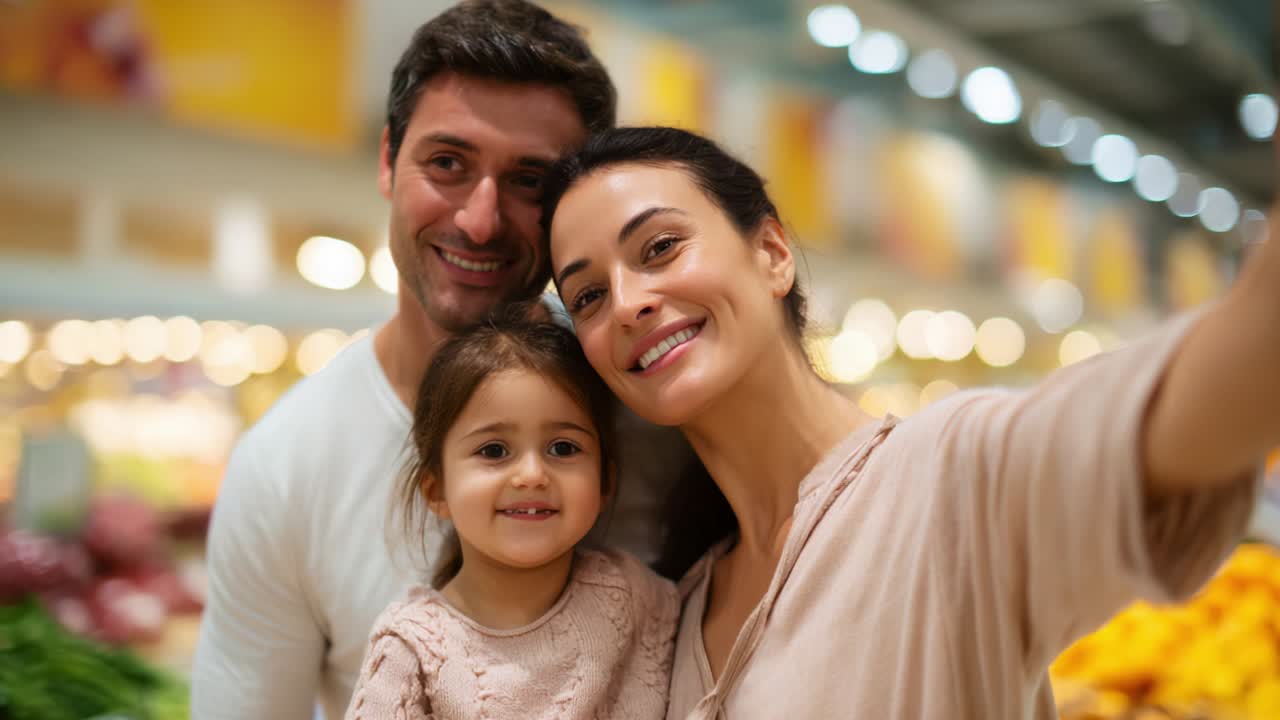 A Happy Family Captures a Joyful Moment Together While Shopping in a Vibrant Grocery Store, Showcasing Their Warmth and Connection Amidst Fresh Produce and Colorful Backgrounds