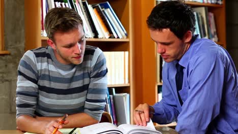 handsome lecturer helping young student in the library