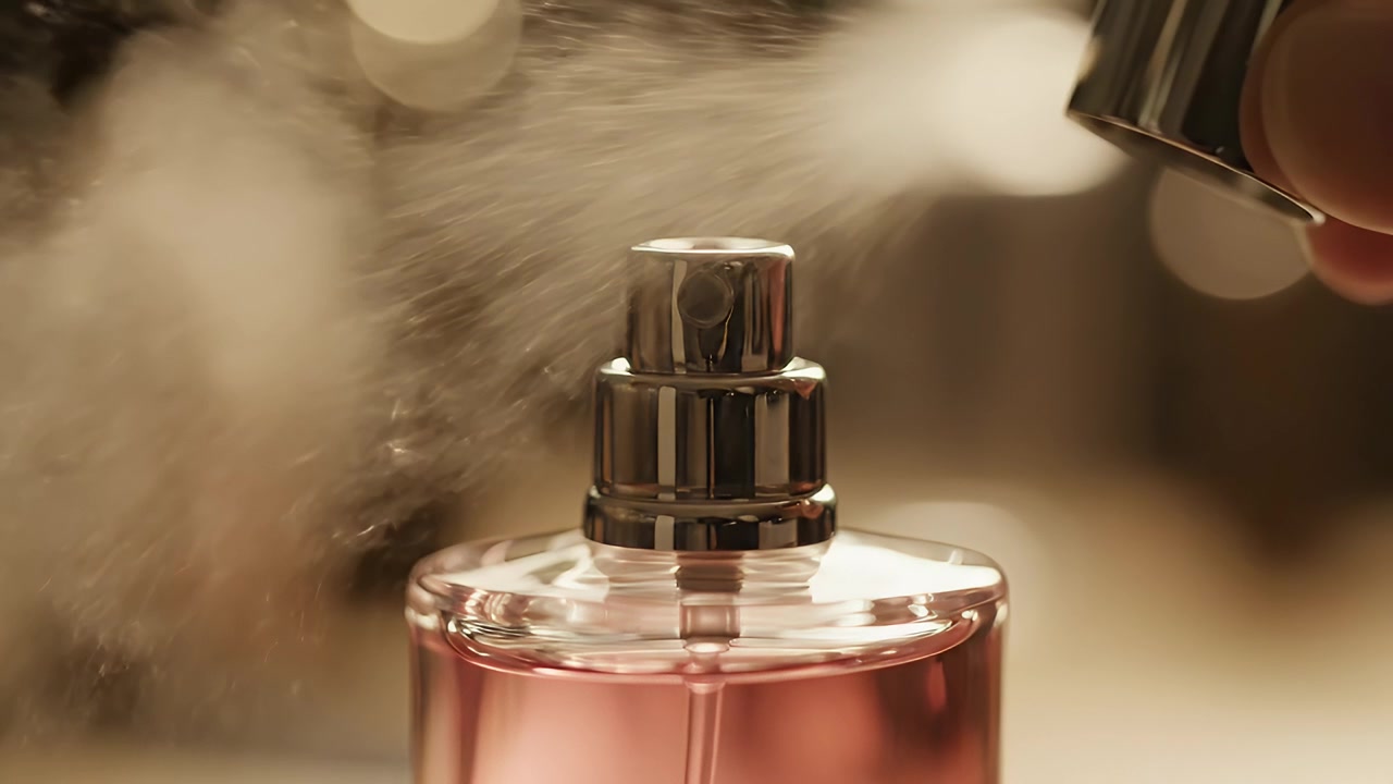 Primo piano di un flacone di profumo che spruzza una nebbia profumata