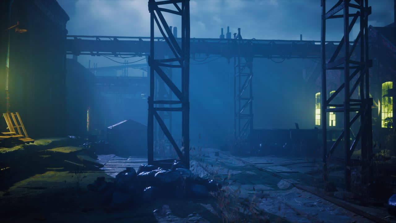 escena nocturna de una fábrica abandonada