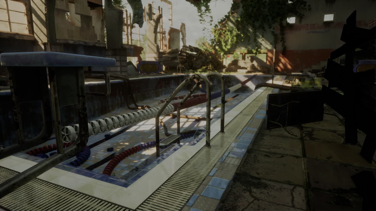 una piscina abandonada y en ruinas dentro de un edificio descuidado