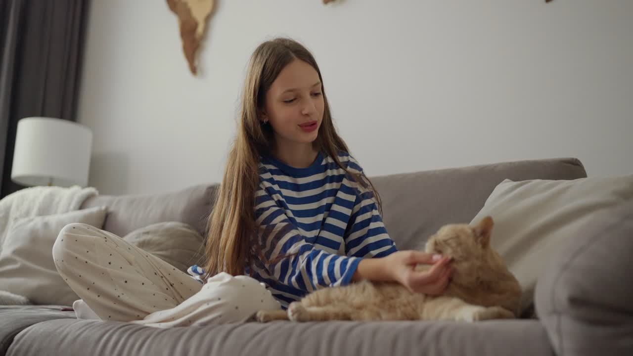 Girl petting a cat on a couch