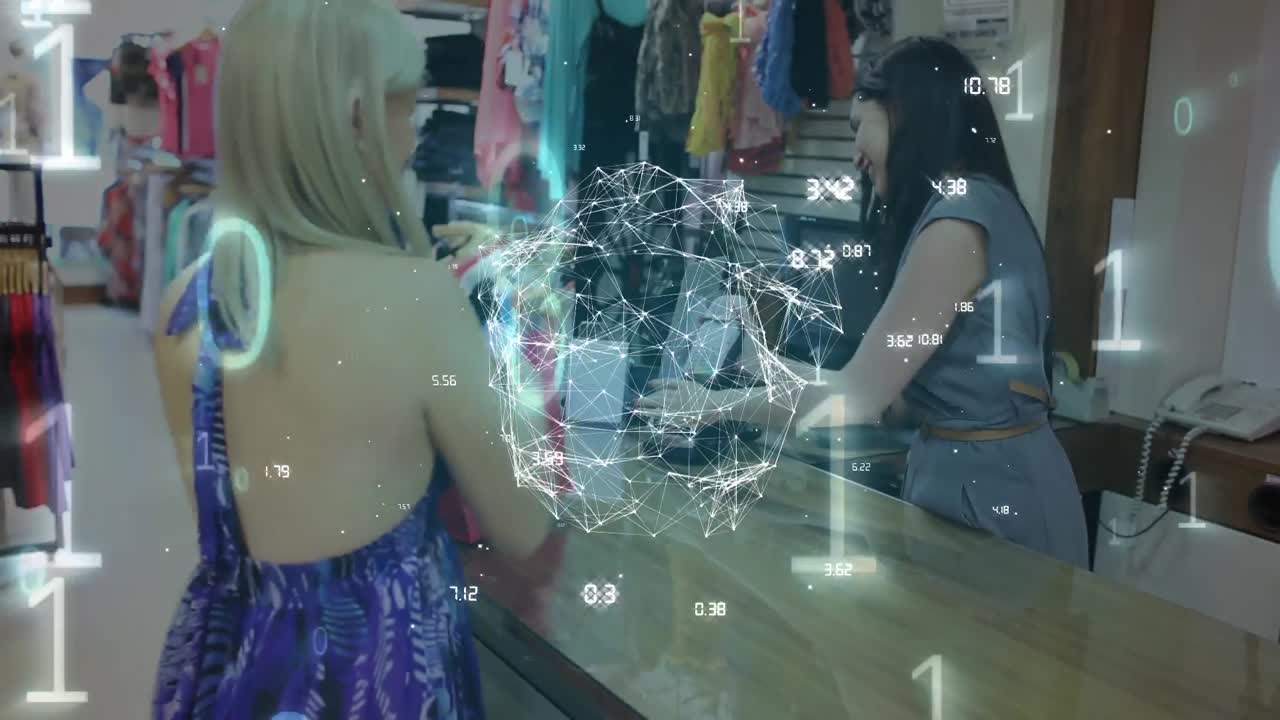 바이너리 코딩으로 연결된 네트워크의 전지구의 애니메이션 여성이 접촉없는 지불자를 만 ⁇ 니다.