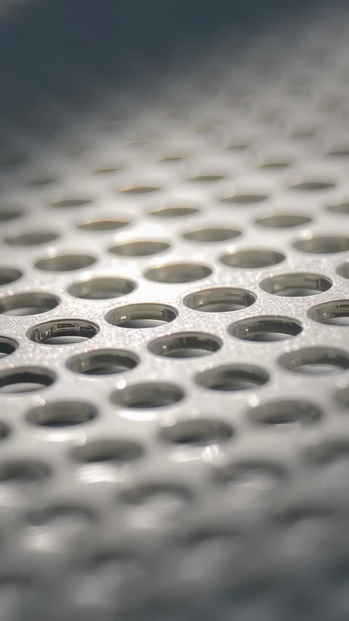 Video verticale: cambia camera che rivela il pannello metallico perforato in studio, enfatizzando i riflessi
