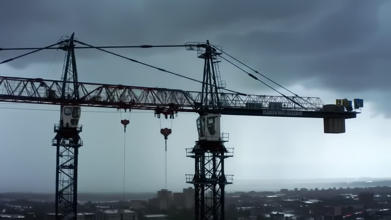 A Dramatic View of Construction Cranes Against a Stormy Sky: Industrial Equipment Amidst Dark Clouds and Rain, Capturing the Essence of Urban Development