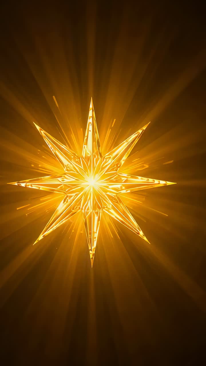 Vertical video: Pulsing eight-pointed gold star rising to peak, sending sparks across amber field