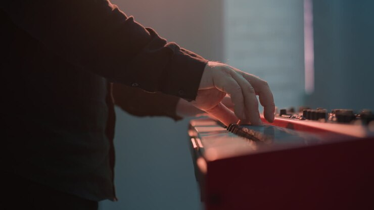 Side view of a keyboardist's hand playing a red sampler. The shot captures the delicate and precise movements of the musician's fingers against the keyboard