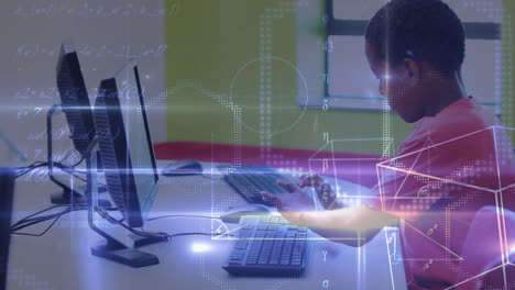 animation of data processing over schoolboy using computer