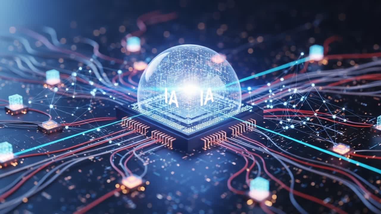 Advanced AI Processing Technologies: A Glimpse into the Future of Computing with a Quantum-Inspired Chip Surrounded by Data Connections
