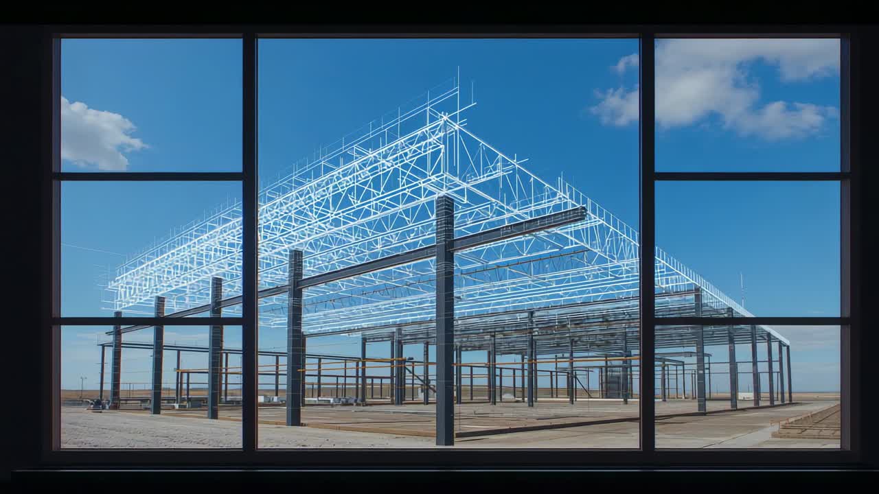 Projecting digital blueprint tracing roof trusses onto framework on building site through window