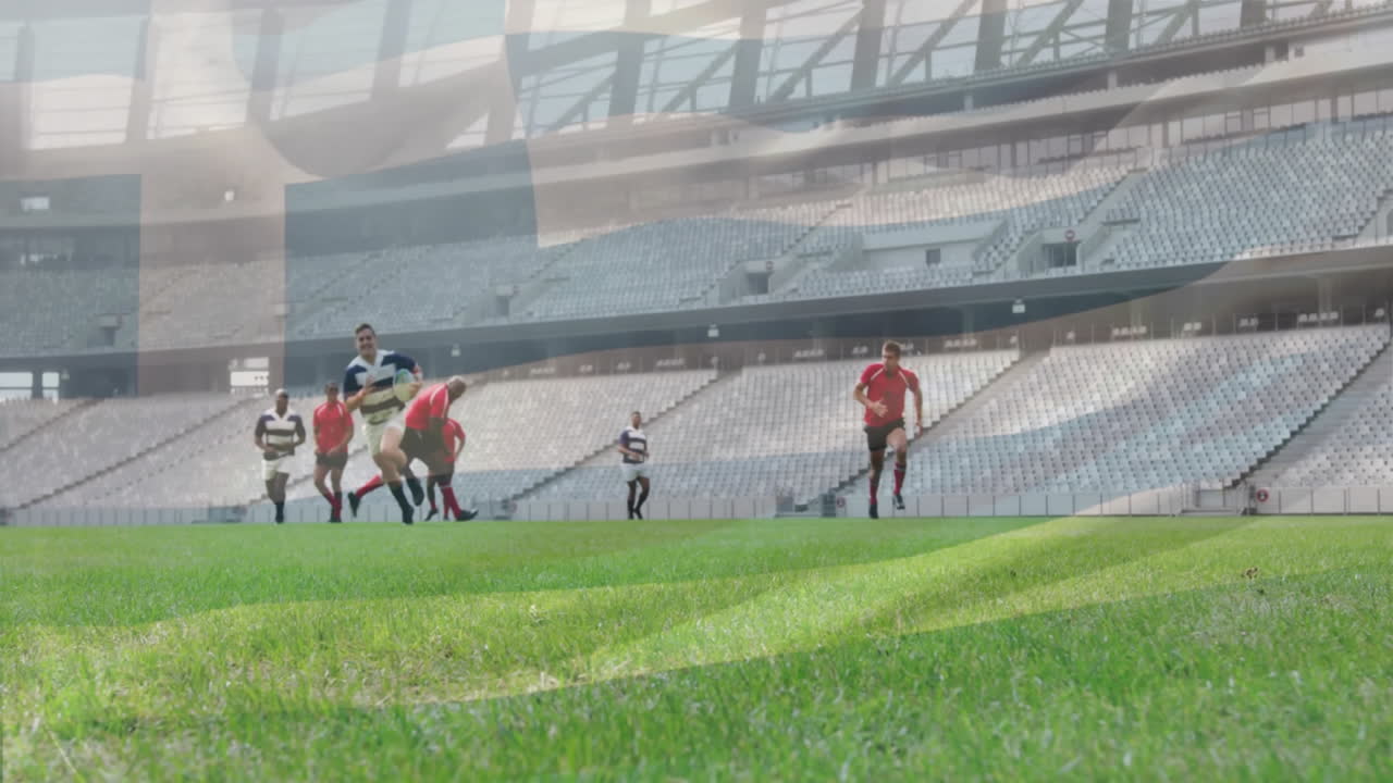 Running on green field, rugby players in large empty stadium with animation