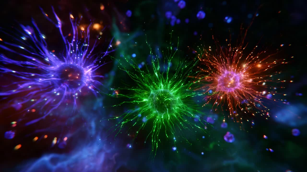 Sfere di energia vibranti e accattivanti che esplodono in un tripudio elettrico e colorato di viola, verde e arancione, immerse in uno sfondo cosmico di effetti di luce dinamici