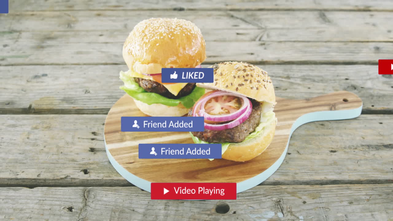 Two burgers on wooden board with social media notifications overlay animation