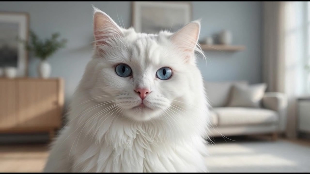 Lindo Gato Branco com Olhos Azuis Sentado em uma Sala de Estar