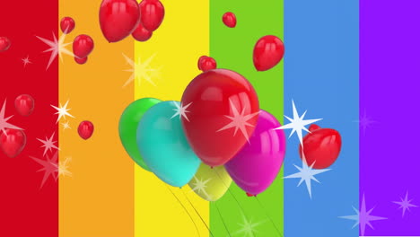 animación de estrellas y globos volando sobre rayas de arco iris de fondo