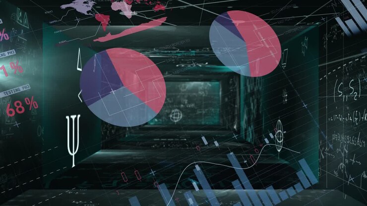 Mathematical equations floating against statistical data processing against black background