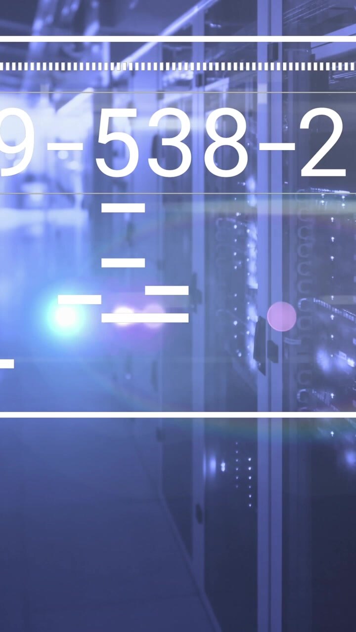 Animation of screen with changing numbers and lines with lens flares over server room
