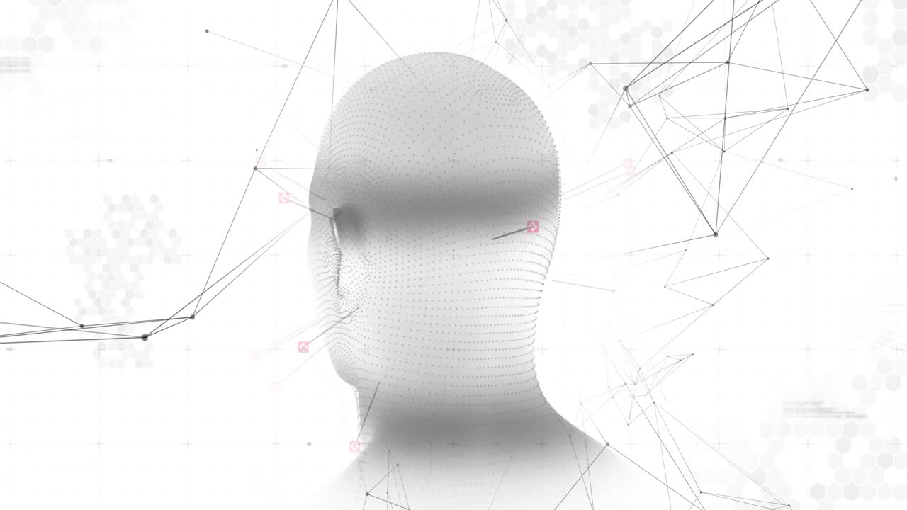 modelo de cabeza humana girando contra una red de conexiones sobre un fondo blanco