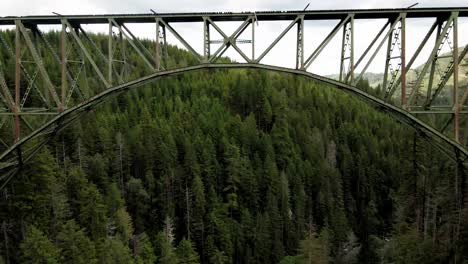 flying below of a bridge and on top of a forest, the high steel bridge is a truss arch bridge that spans the south fork of the skokomish river in mason county, washington