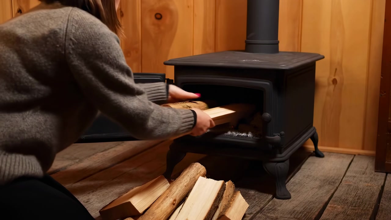 Donna che impila legna vicino alla stufa, inginocchiata su un pavimento di legno rustico all'interno di un'accogliente baita, mentre mette i ceppi nella stufa in ghisa