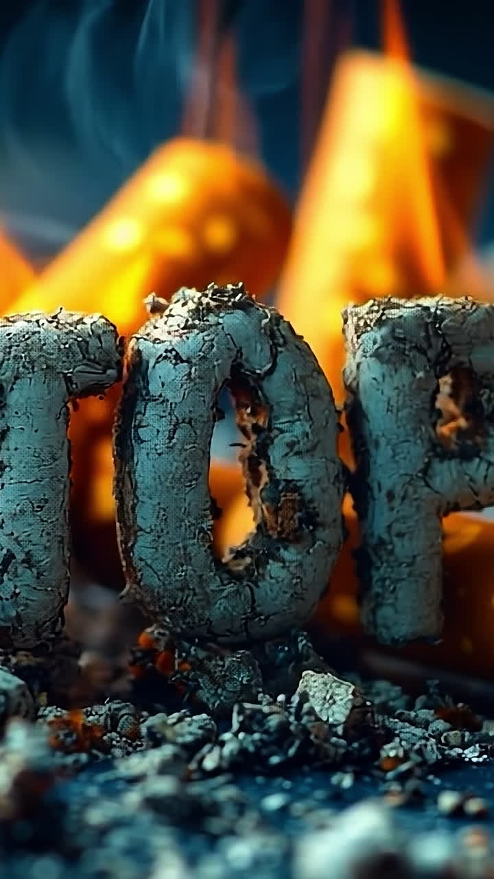 Smokers: quit for your health!. Ash-covered letters spell out stop amidst burning cigarette butts, emphasizing the danger of smoking at night.