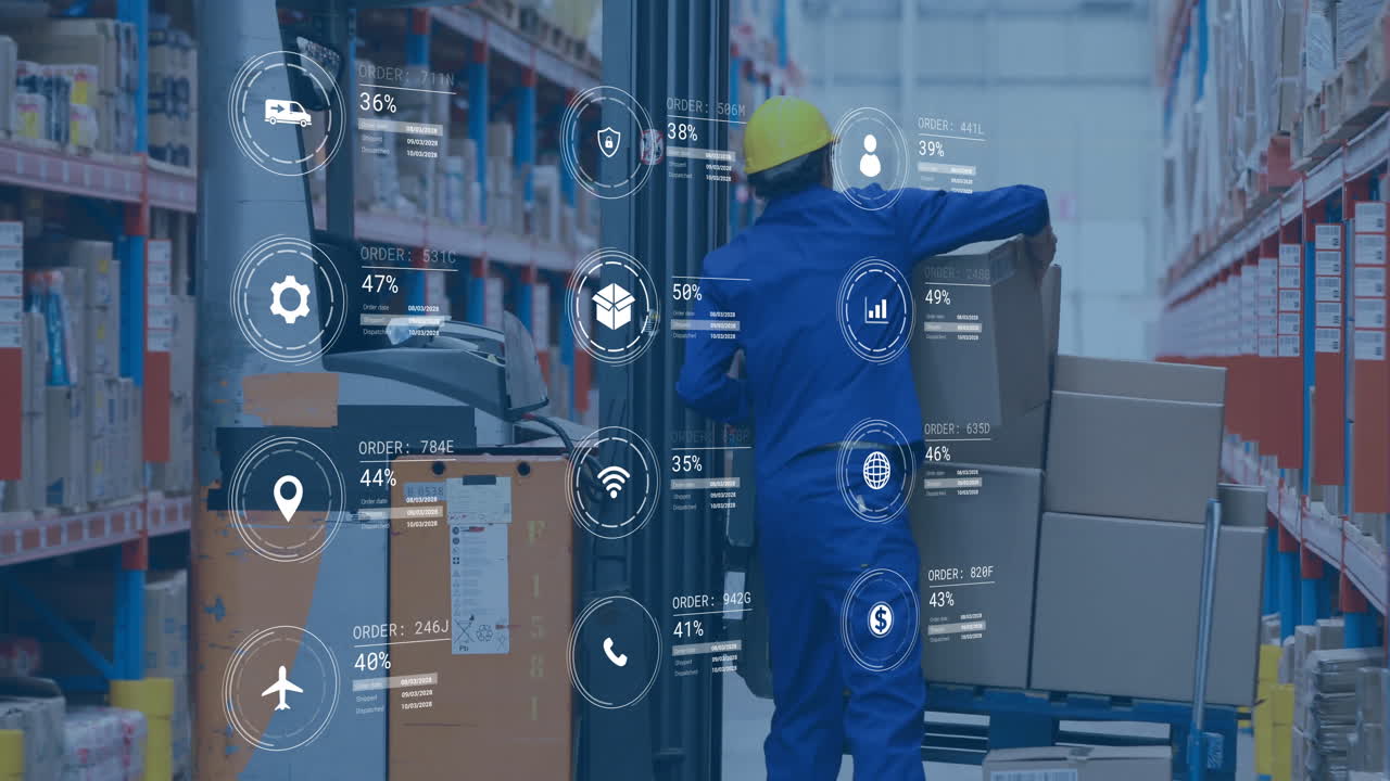 Warehouse worker handling boxes with logistics data processing animation over scene