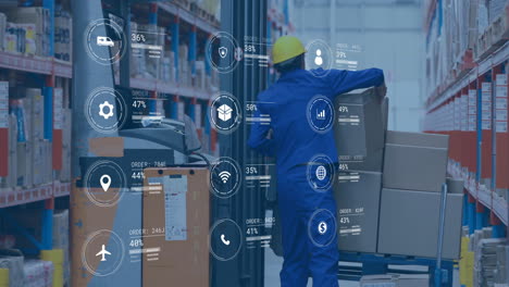 warehouse worker handling boxes with logistics data processing animation over scene