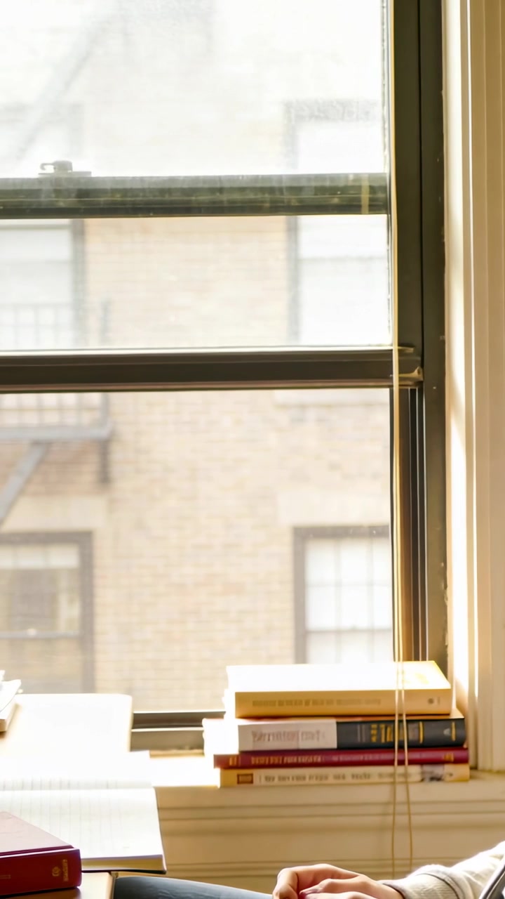 Vertical video: Putting arm from right resting on desk at window, books notes to study, copy space