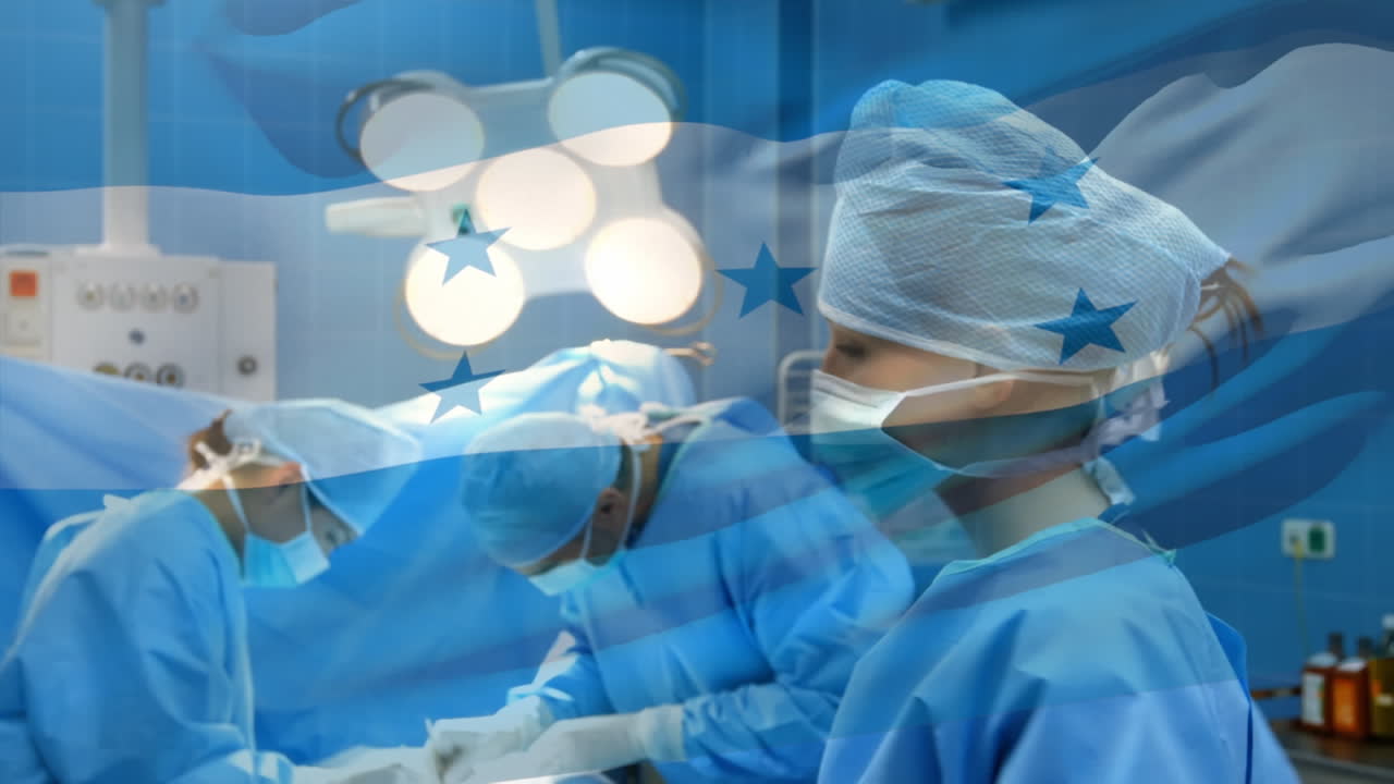 Animation of flag of honduras waving over surgeons in face masks