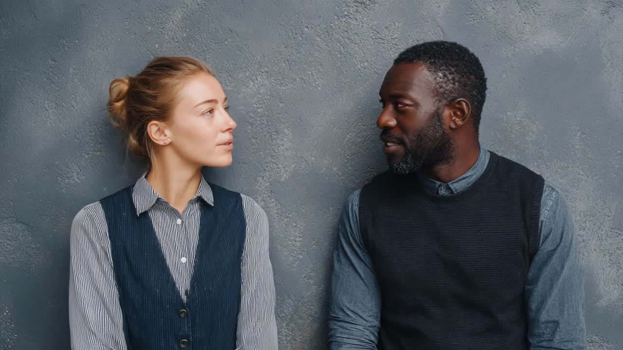 Two individuals engage in a thoughtful conversation, showcasing expressions of interest and connection against a textured gray background, highlighting their interpersonal dynamics