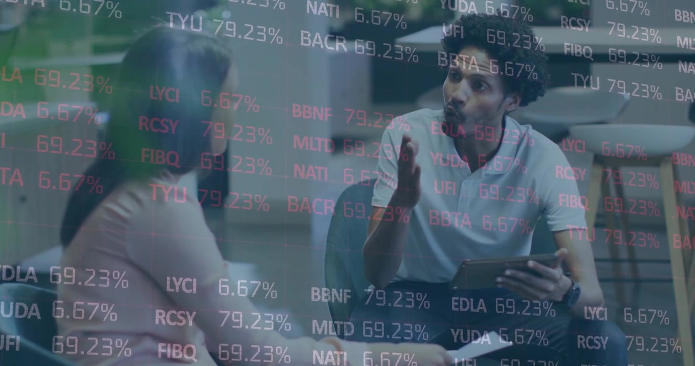 Business consultant swiping tablet and analyzing finance ticker overlay while colleague nodding