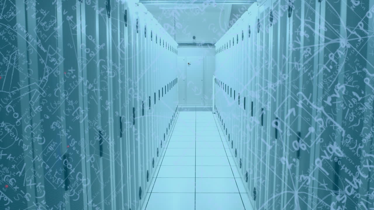 animación de servidores de computadora sobre ecuaciones matemáticas y cuadrícula