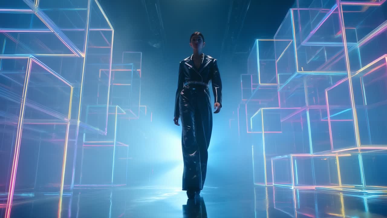 A confident figure strides purposefully through a futuristic, ethereal landscape formed by glowing geometric shapes, embodying a blend of strength and elegance in a striking digital realm