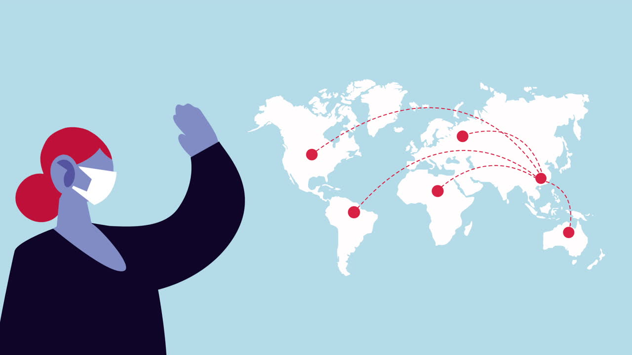 코로나19와 지구 행성에 대한 얼굴 마스크를 사용하는 여성
