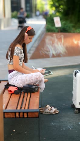 mujer joven trabajando en la tableta al aire libre