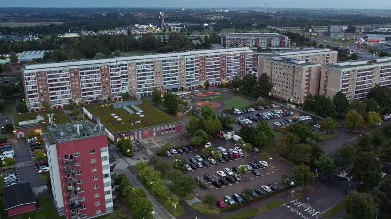 Aerial over modern residential apartment buildings in the Andersberg housing society, Halmstad, Sweden