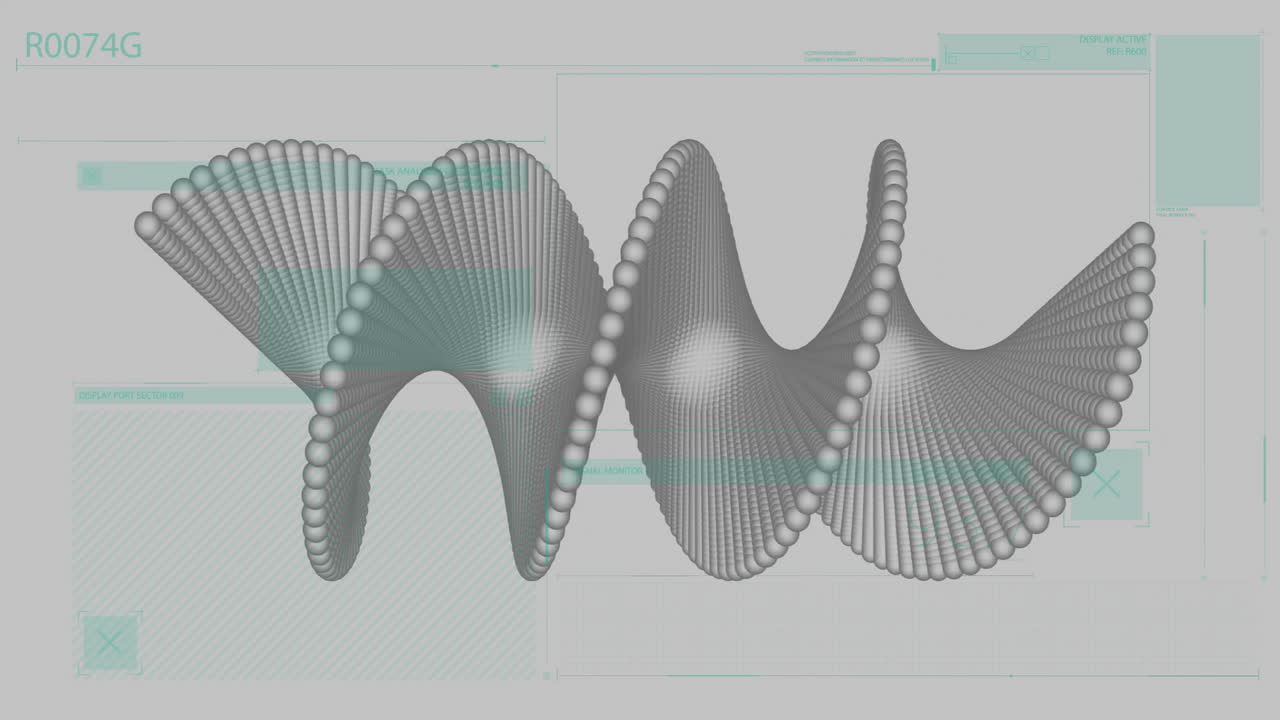3D render sphere wave moving across virtual interface, showing teal UI panels, lines, labels