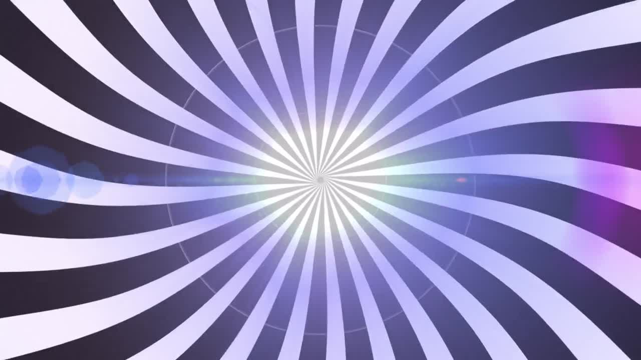 Animation of looping circles over sunburst pattern against lens flares on black background