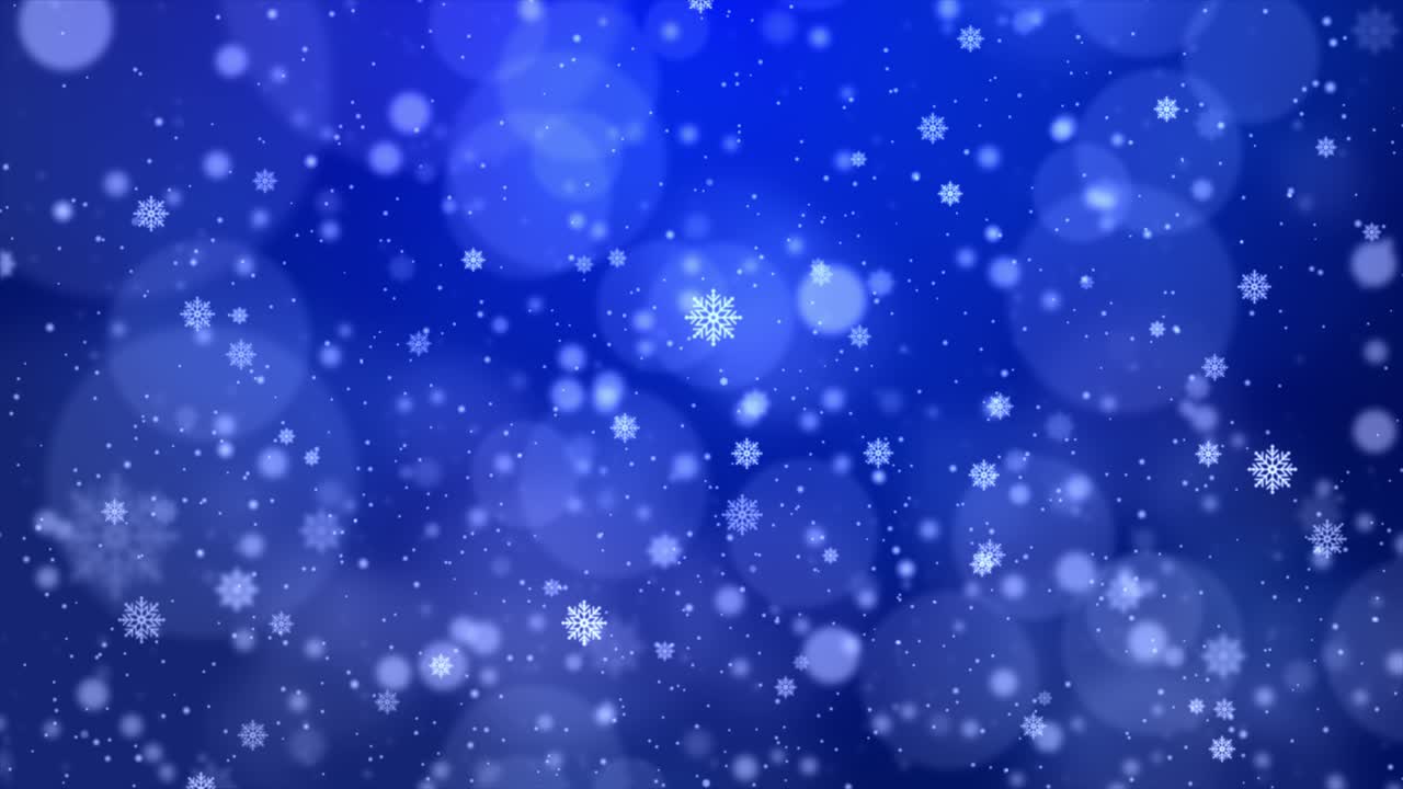 Beautiful winter snowy blurred defocused blue loop background flakes of snow fall and sparkle on