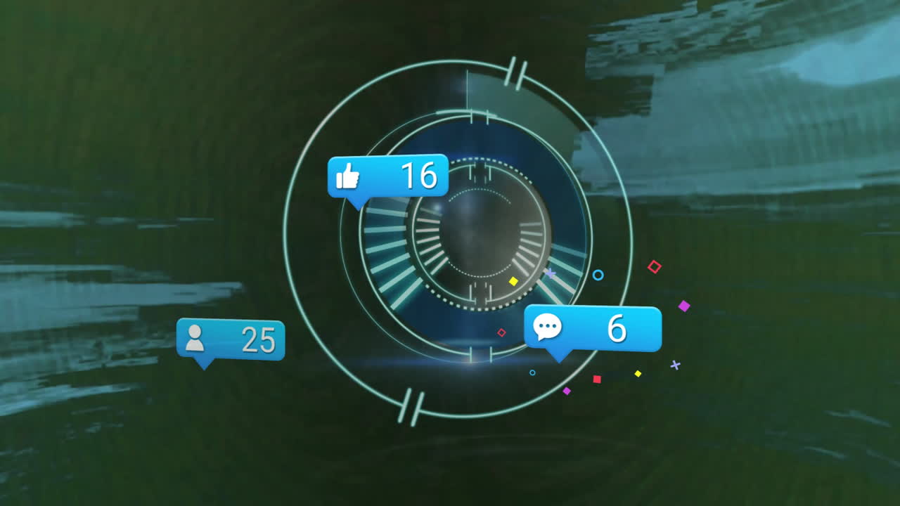 Central HUD graphic spinning at center, showing bright blue notification bubbles floating around