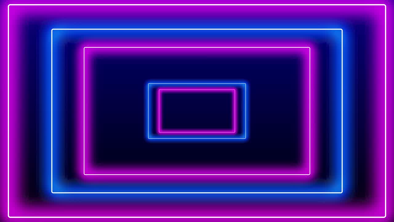 Loop of square rectangle neon light frame zoom motion with copy space. Futuristic 3D loop blue pink laser light frame stage seamless loop background