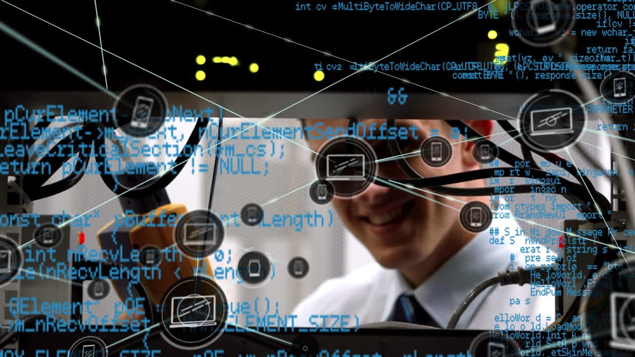 서버  ⁇ 에 있는 백인 남성 노동자에 대한 데이터 처리 애니메이션