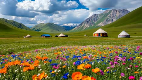 a field of colorful flowers in front of a group of yurts in the mountains