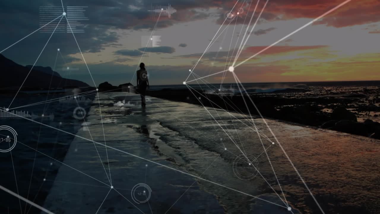 Woman stepping onto wet pier and walking toward horizon, digital network growing over reflection