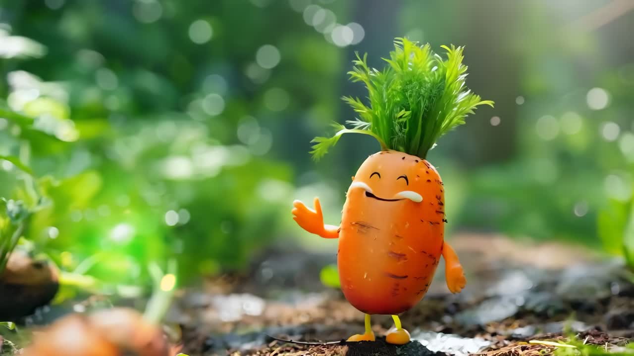 정원 한가운데에 서 있는 행복한 얼굴의 당근